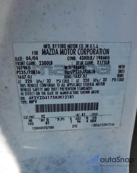 2005 Mazda Tribute S из США, поврежденный, VIN 4F2YZ04175KM12181